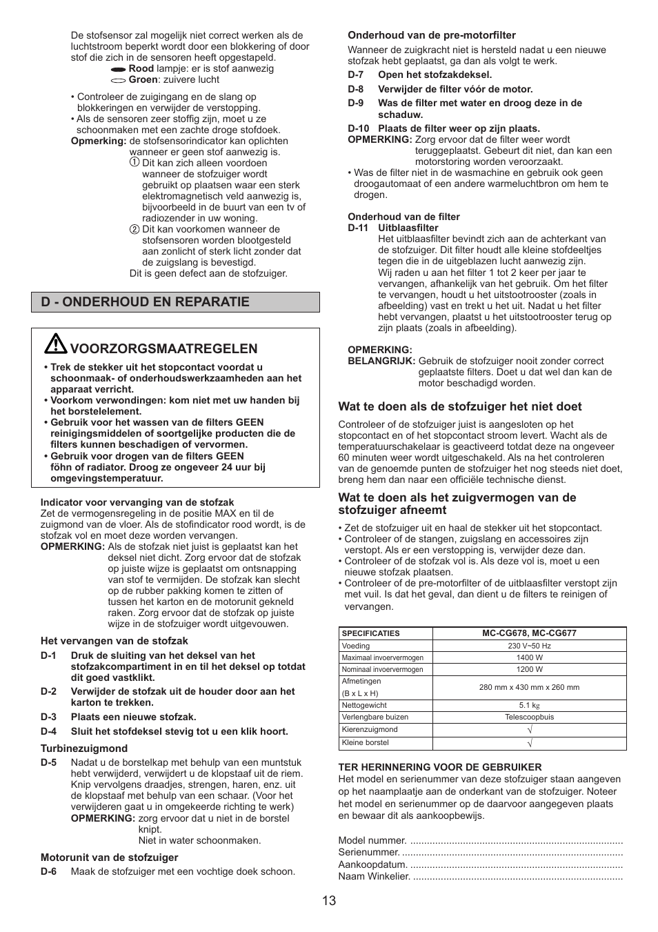 Voorzorgsmaatregelen, D - onderhoud en reparatie | Panasonic MCCG678 User Manual | Page 13 / 48