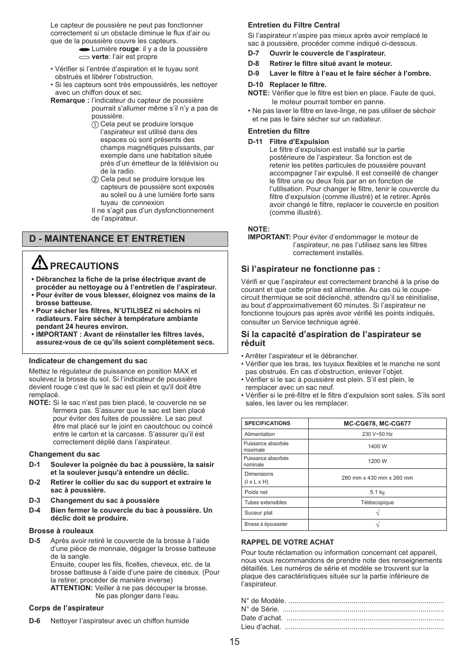 Precautions, D - maintenance et entretien | Panasonic MCCG678 User Manual | Page 15 / 48