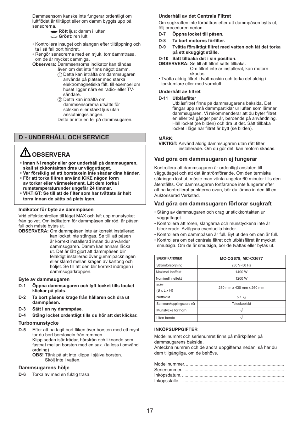 Observera, D - underhåll och service | Panasonic MCCG678 User Manual | Page 17 / 48