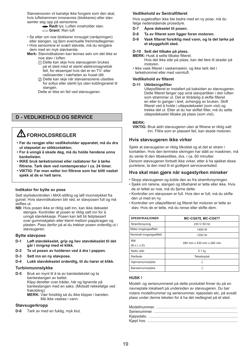 Forholdsregler, D - vedlikehold og service | Panasonic MCCG678 User Manual | Page 19 / 48