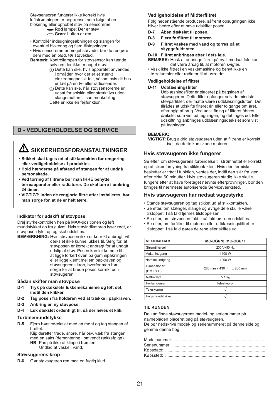 Sikkerhedsforanstaltninger, D - vedligeholdelse og service | Panasonic MCCG678 User Manual | Page 21 / 48