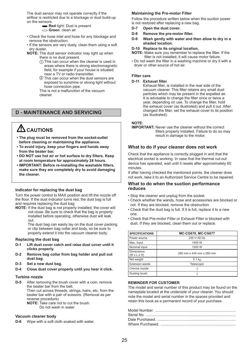 Cautions, D - maintenance and servicing | Panasonic MCCG678 User Manual | Page 25 / 48