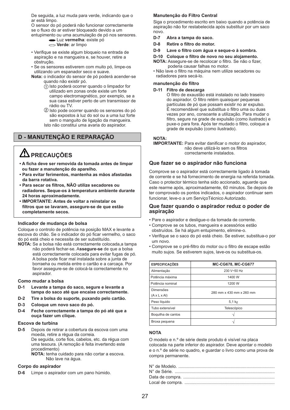 Precauções, D - manutenção e reparação | Panasonic MCCG678 User Manual | Page 27 / 48