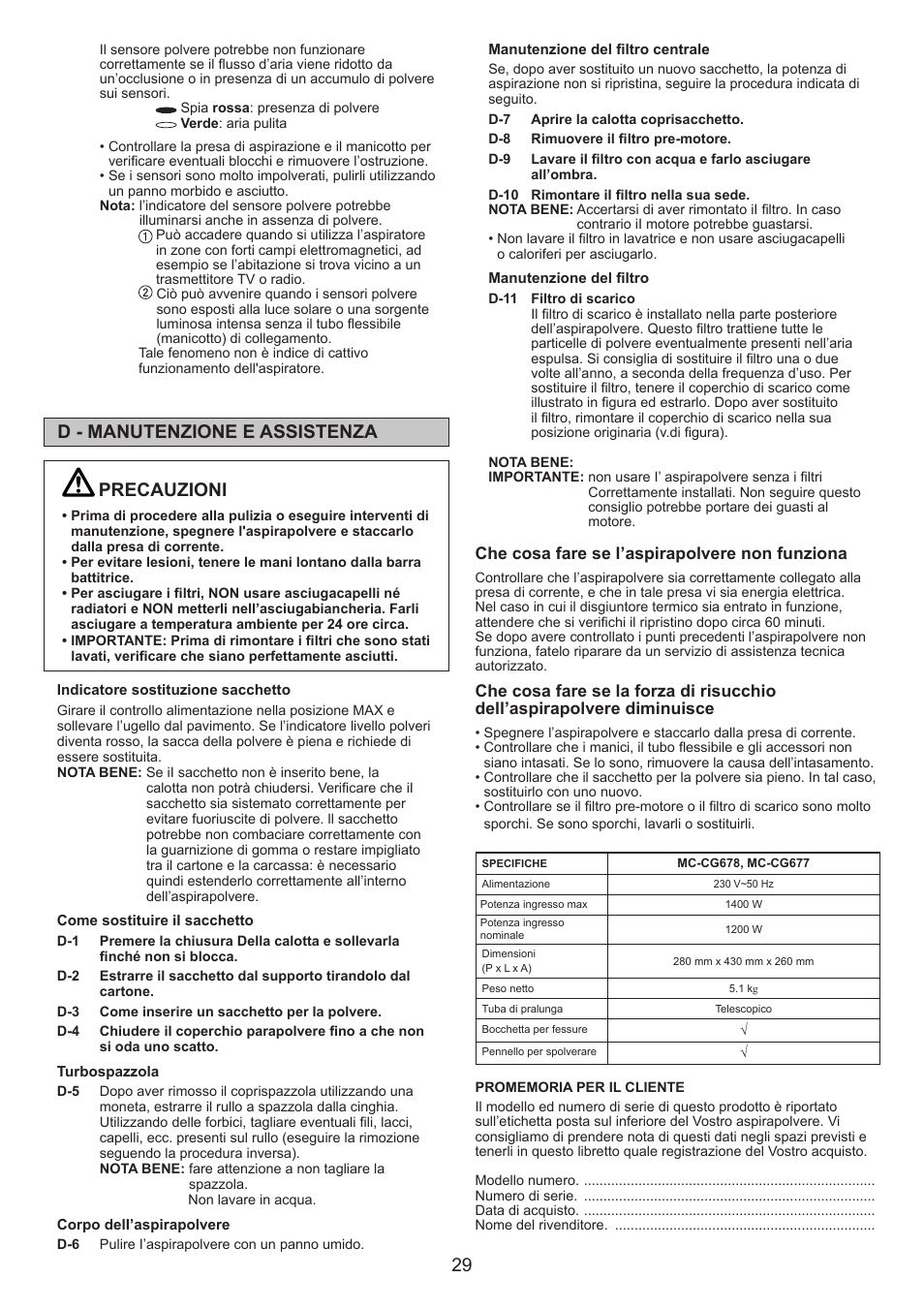 Precauzioni, D - manutenzione e assistenza | Panasonic MCCG678 User Manual | Page 29 / 48