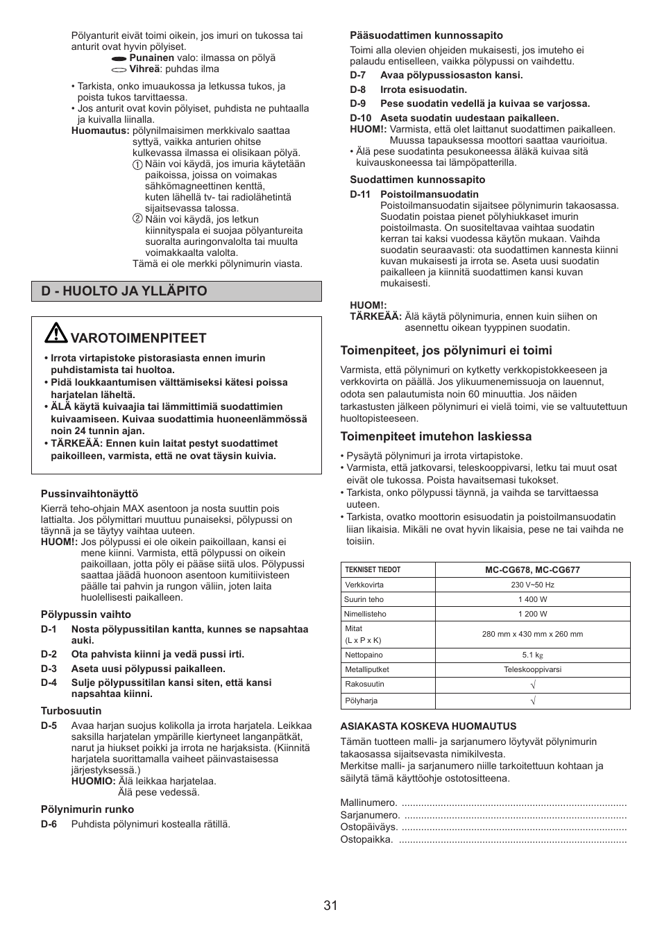 Varotoimenpiteet, D - huolto ja ylläpito | Panasonic MCCG678 User Manual | Page 31 / 48