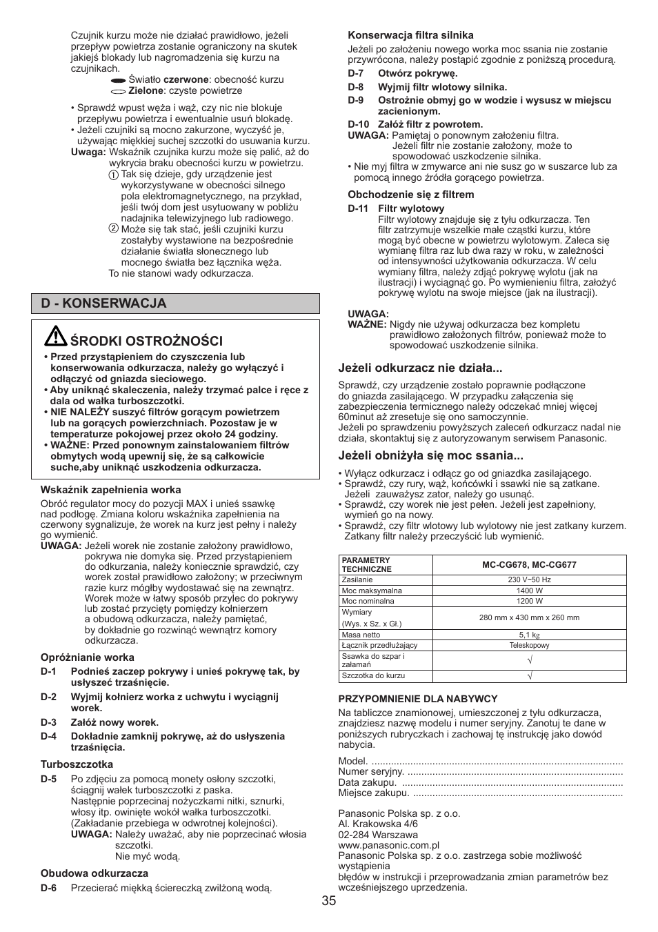 35 d - konserwacja, Środki ostrożności | Panasonic MCCG678 User Manual | Page 35 / 48