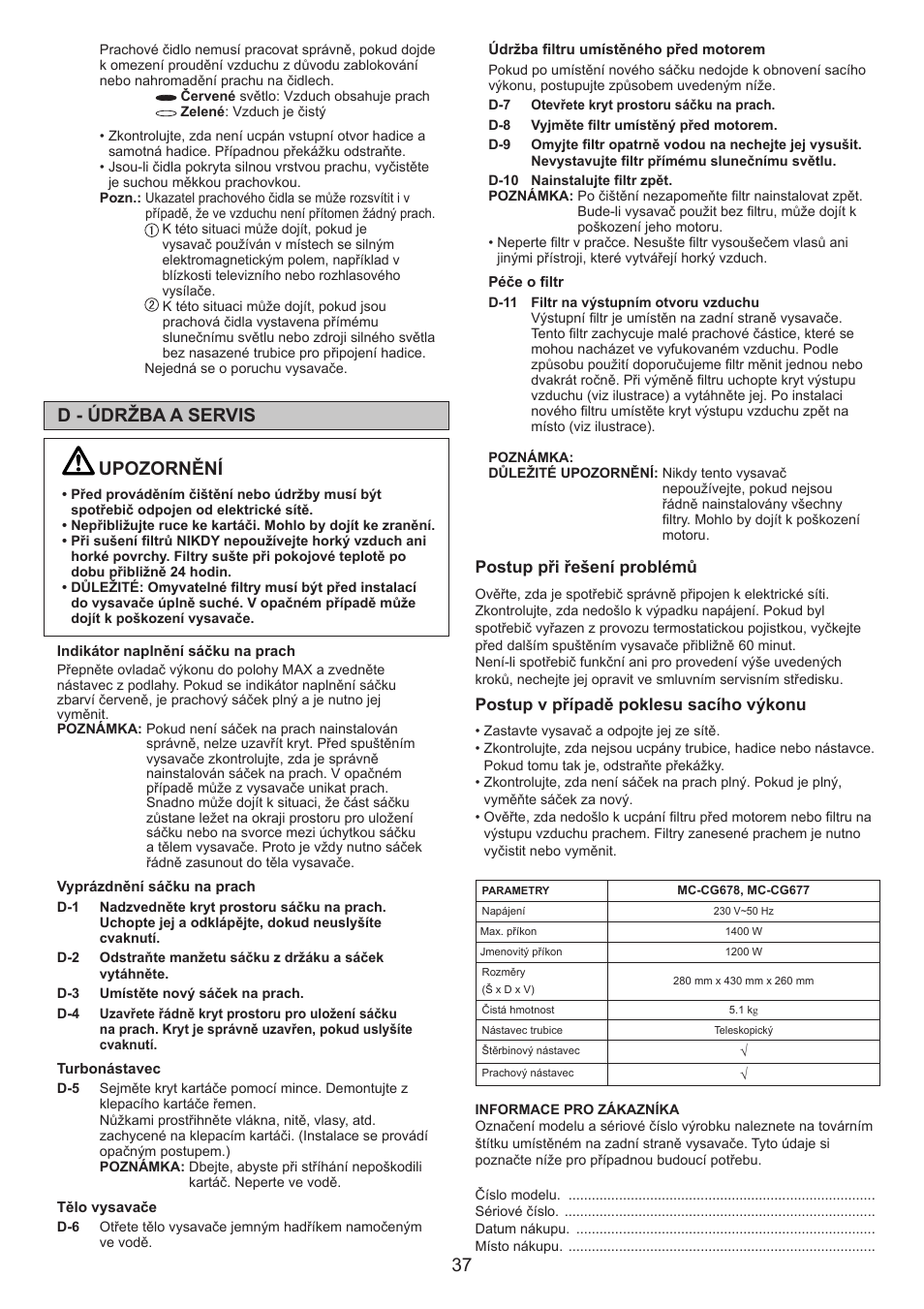 37 d - údržba a servis, Upozornění | Panasonic MCCG678 User Manual | Page 37 / 48