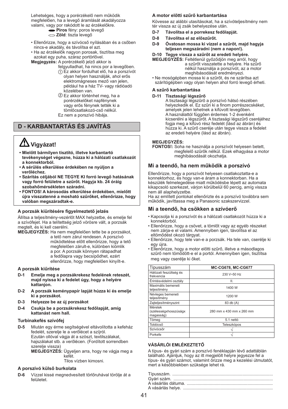 41 d - karbantartás és javítás, Vigyázat | Panasonic MCCG678 User Manual | Page 41 / 48