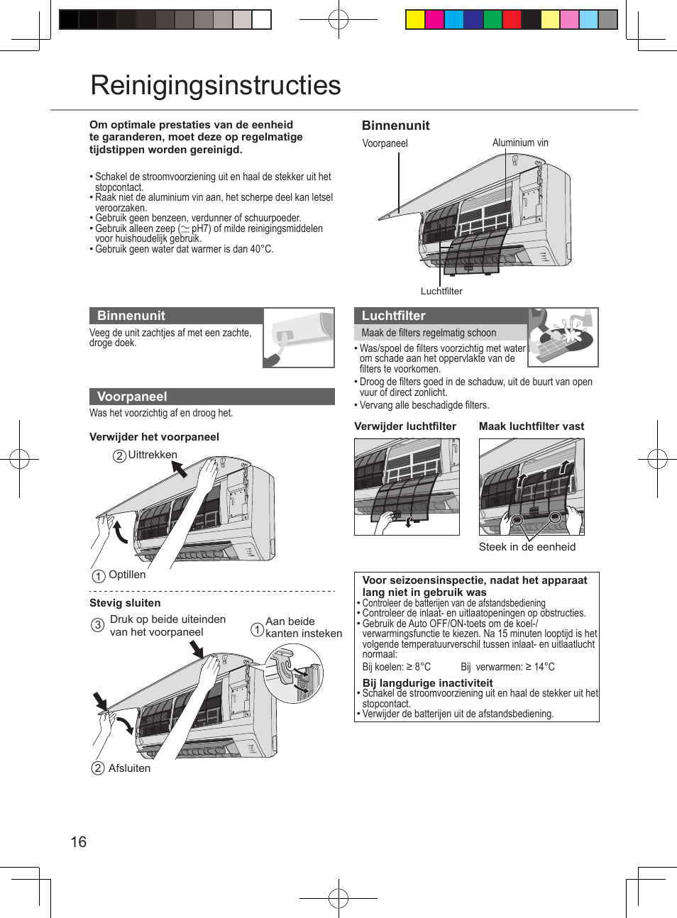 Reinigingsinstructies | Panasonic CUUE12PKE User Manual | Page 16 / 40