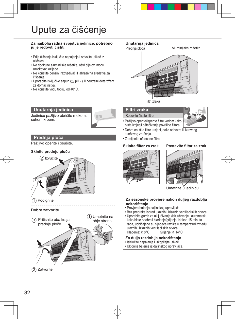 Upute za čišćenje | Panasonic CUUE12PKE User Manual | Page 32 / 40
