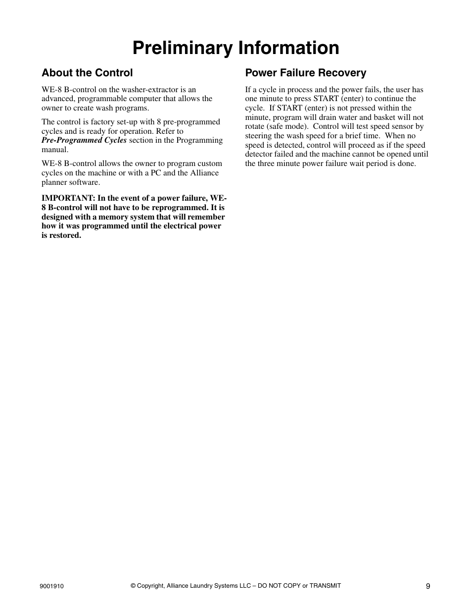 Preliminary information, About the control, Power failure recovery | Alliance Laundry Systems NX18BVXA7 User Manual | Page 11 / 20