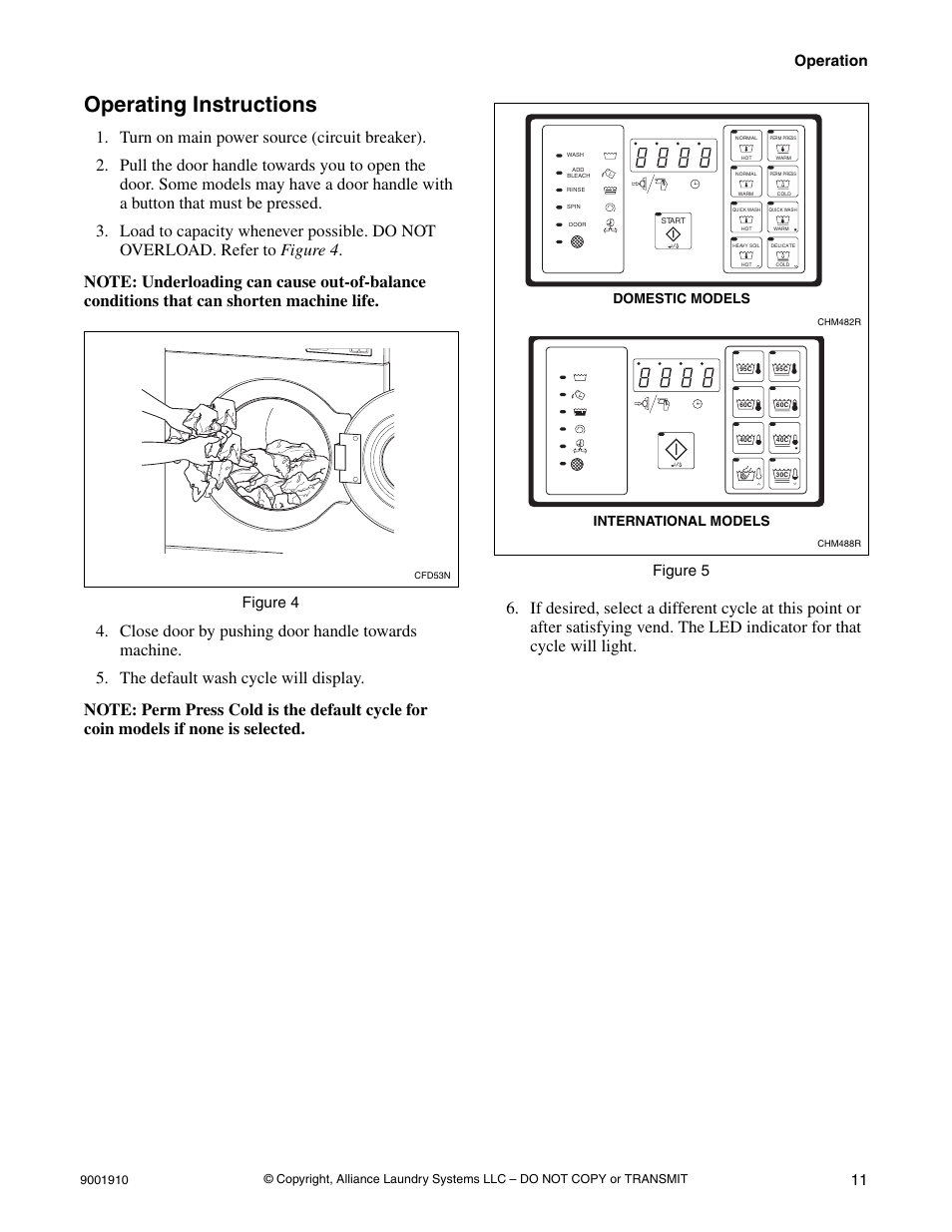 Operating instructions, Operation 11, Figure 4 | Figure 5, Domestic models, International models | Alliance Laundry Systems NX18BVXA7 User Manual | Page 13 / 20