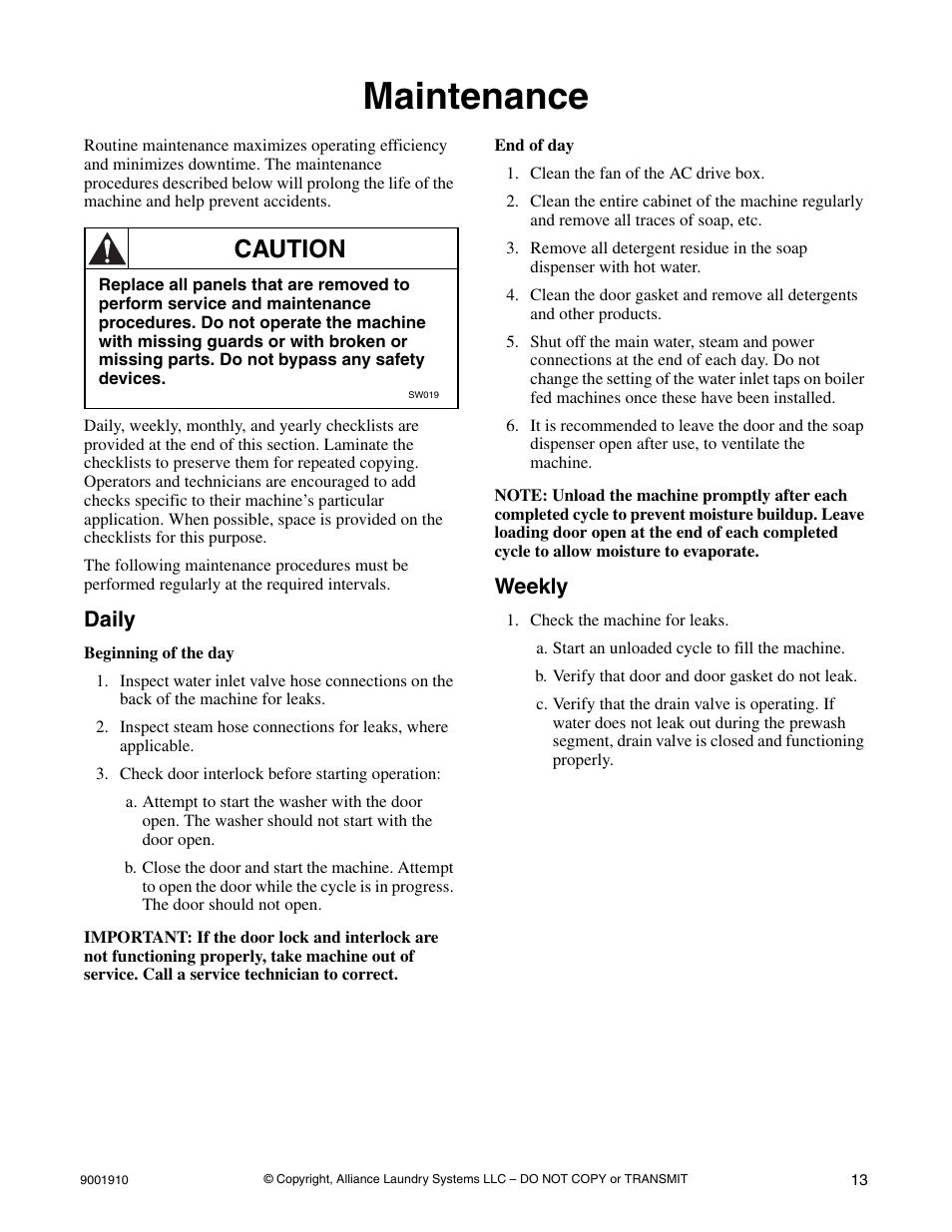 Maintenance, Daily weekly, Caution | Daily, Weekly | Alliance Laundry Systems NX18BVXA7 User Manual | Page 15 / 20
