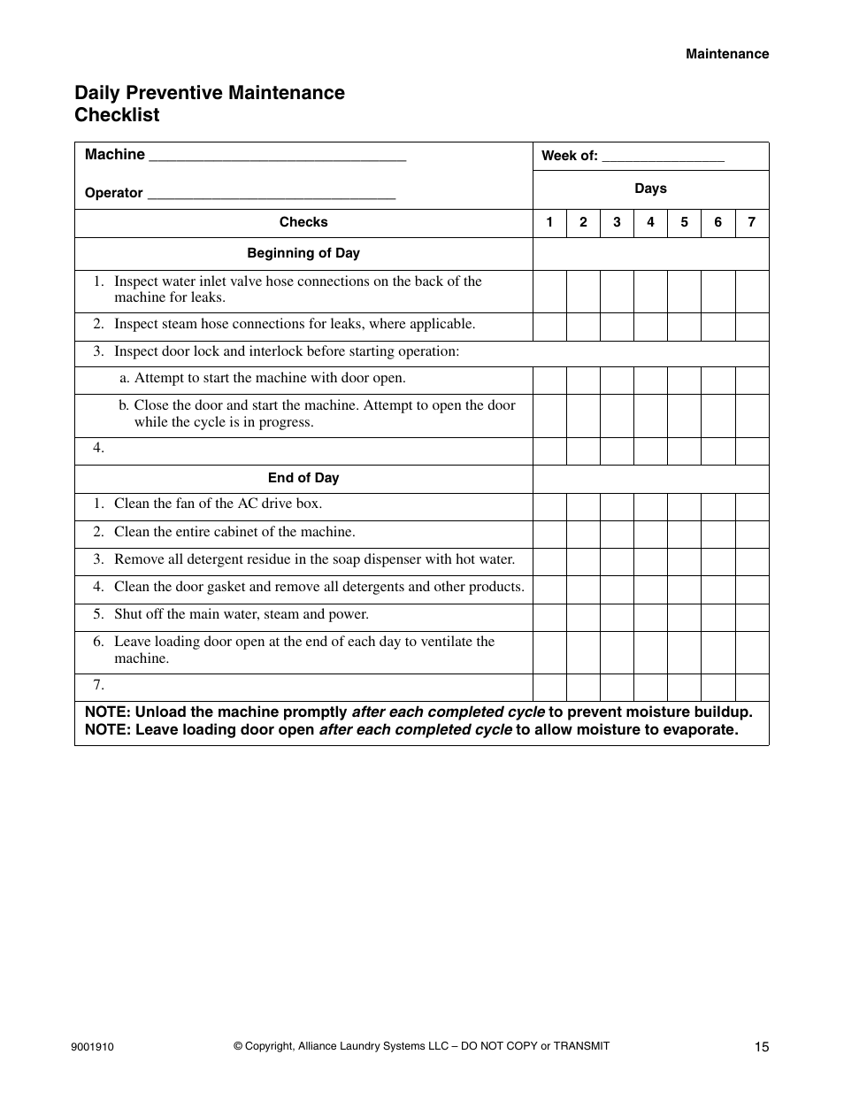 Daily preventive maintenance checklist | Alliance Laundry Systems NX18BVXA7 User Manual | Page 17 / 20