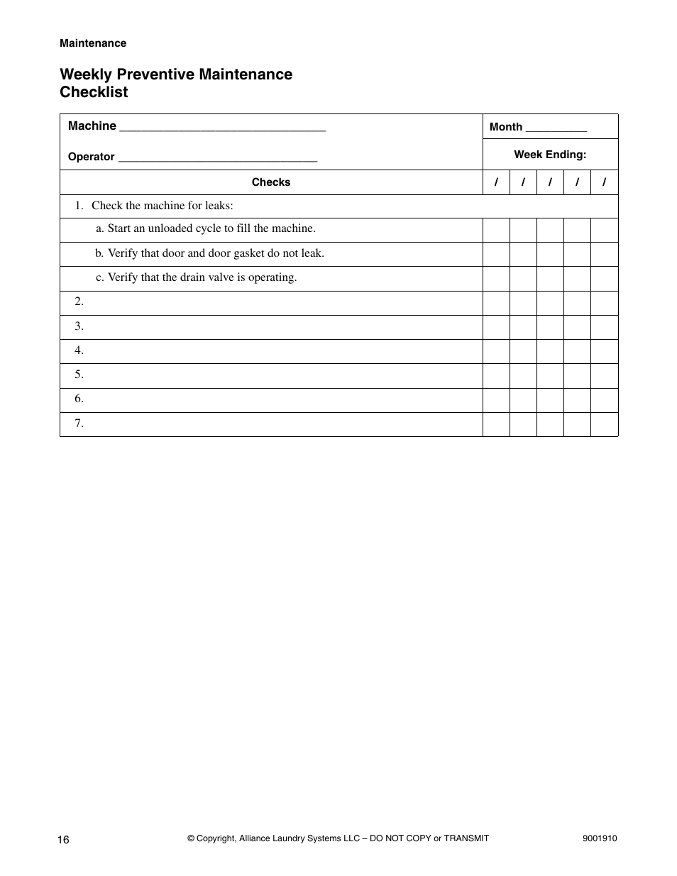 Weekly preventive maintenance checklist | Alliance Laundry Systems NX18BVXA7 User Manual | Page 18 / 20