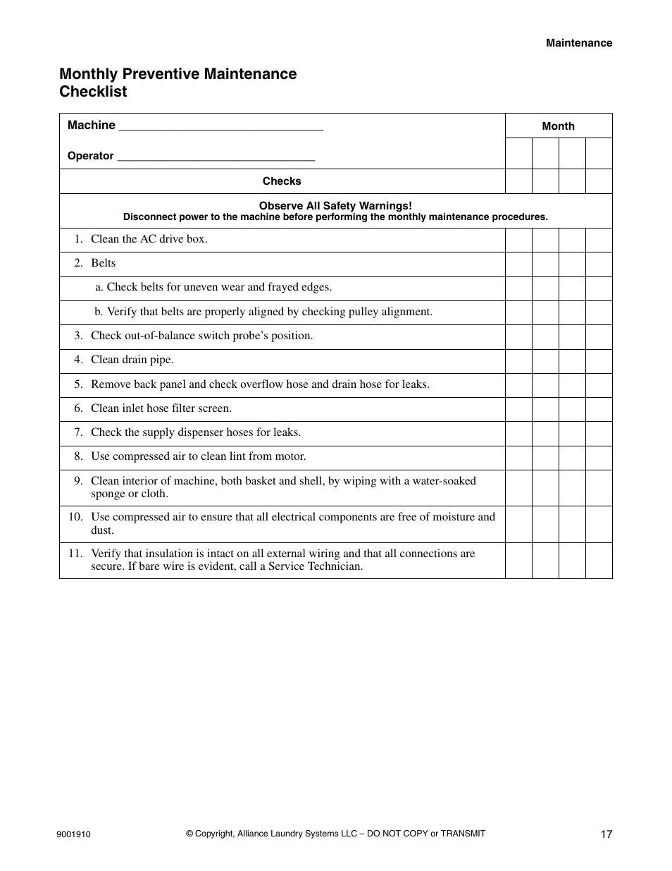 Monthly preventive maintenance checklist | Alliance Laundry Systems NX18BVXA7 User Manual | Page 19 / 20