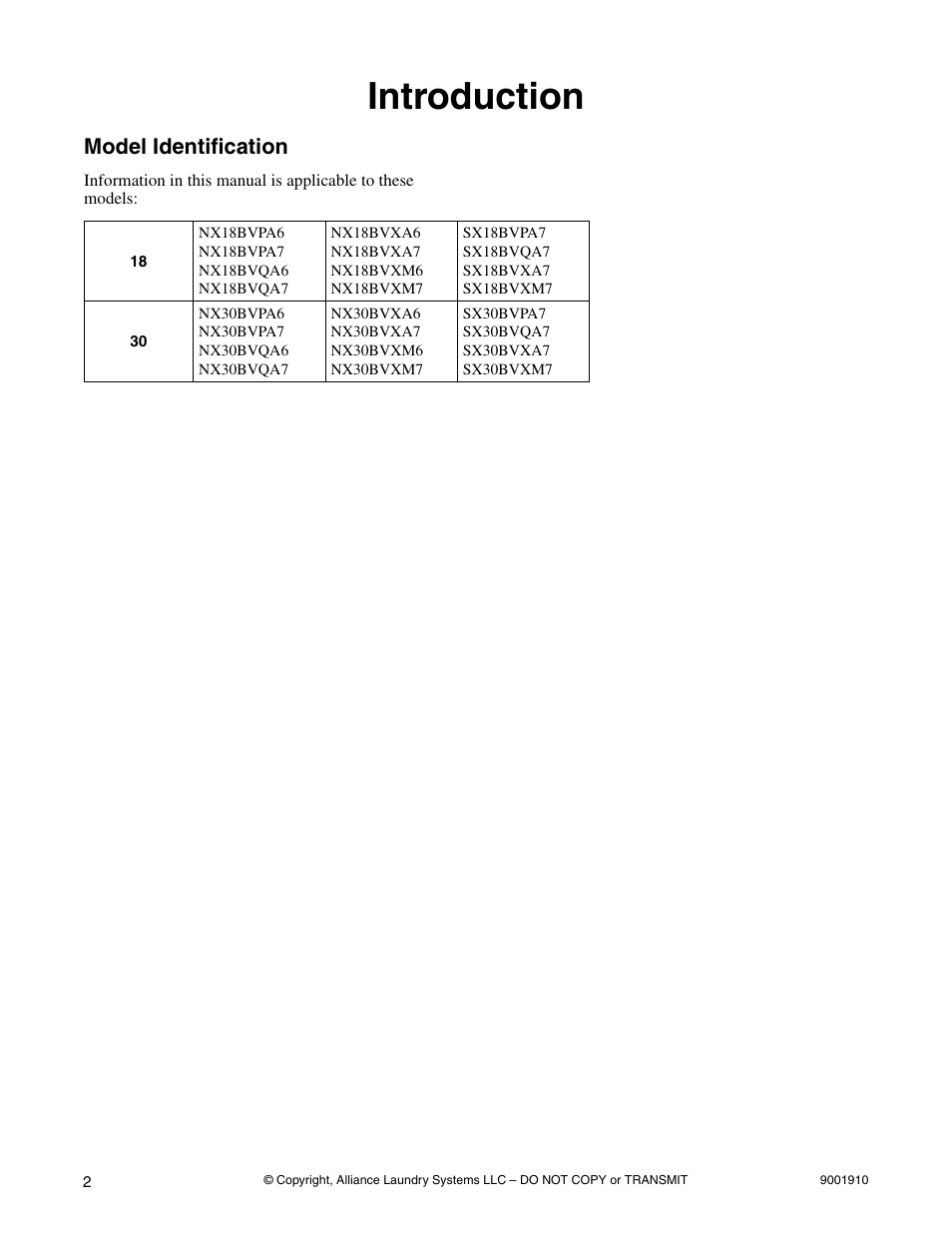 Introduction, Model identification | Alliance Laundry Systems NX18BVXA7 User Manual | Page 4 / 20