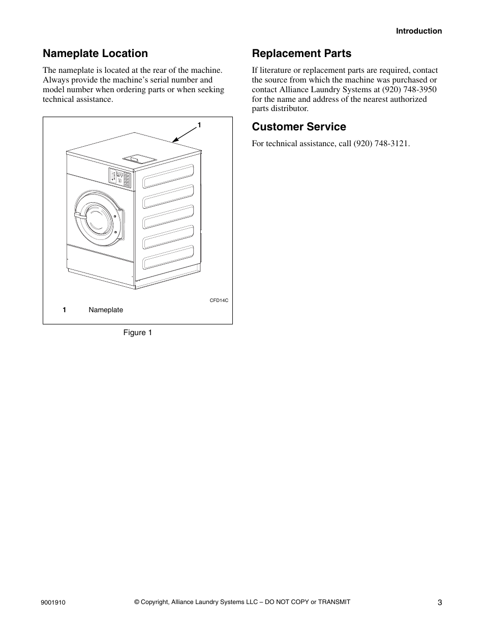 Nameplate location, Replacement parts, Customer service | Alliance Laundry Systems NX18BVXA7 User Manual | Page 5 / 20