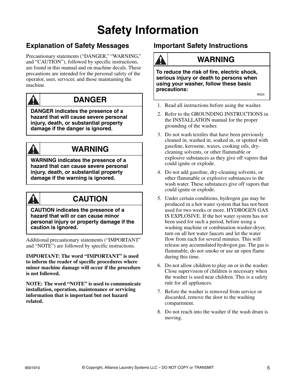 Safety information, Explanation of safety messages, Important safety instructions | Danger, Warning, Caution | Alliance Laundry Systems NX18BVXA7 User Manual | Page 7 / 20