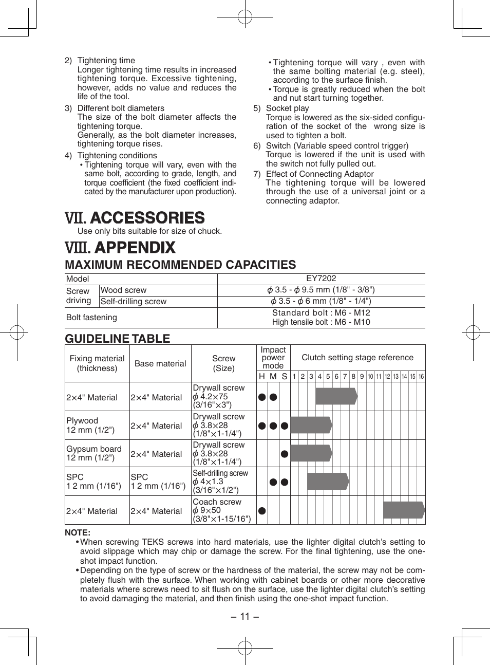 Viii, Accessories, Appendix | Maximum recommended capacities, Guideline table | Panasonic EY7202GQW User Manual | Page 11 / 124