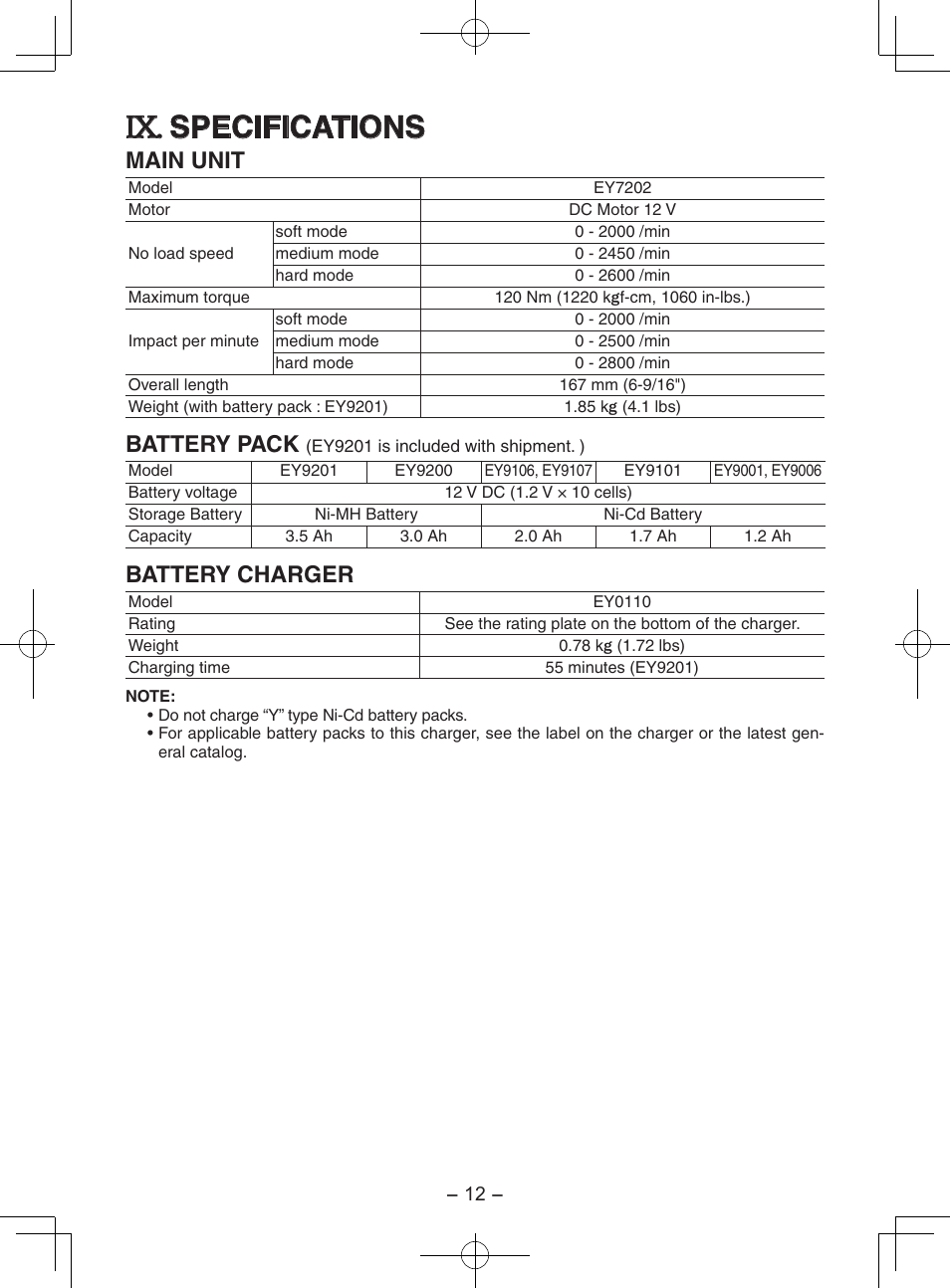 Specifications, Main unit, Battery pack | Battery charger | Panasonic EY7202GQW User Manual | Page 12 / 124