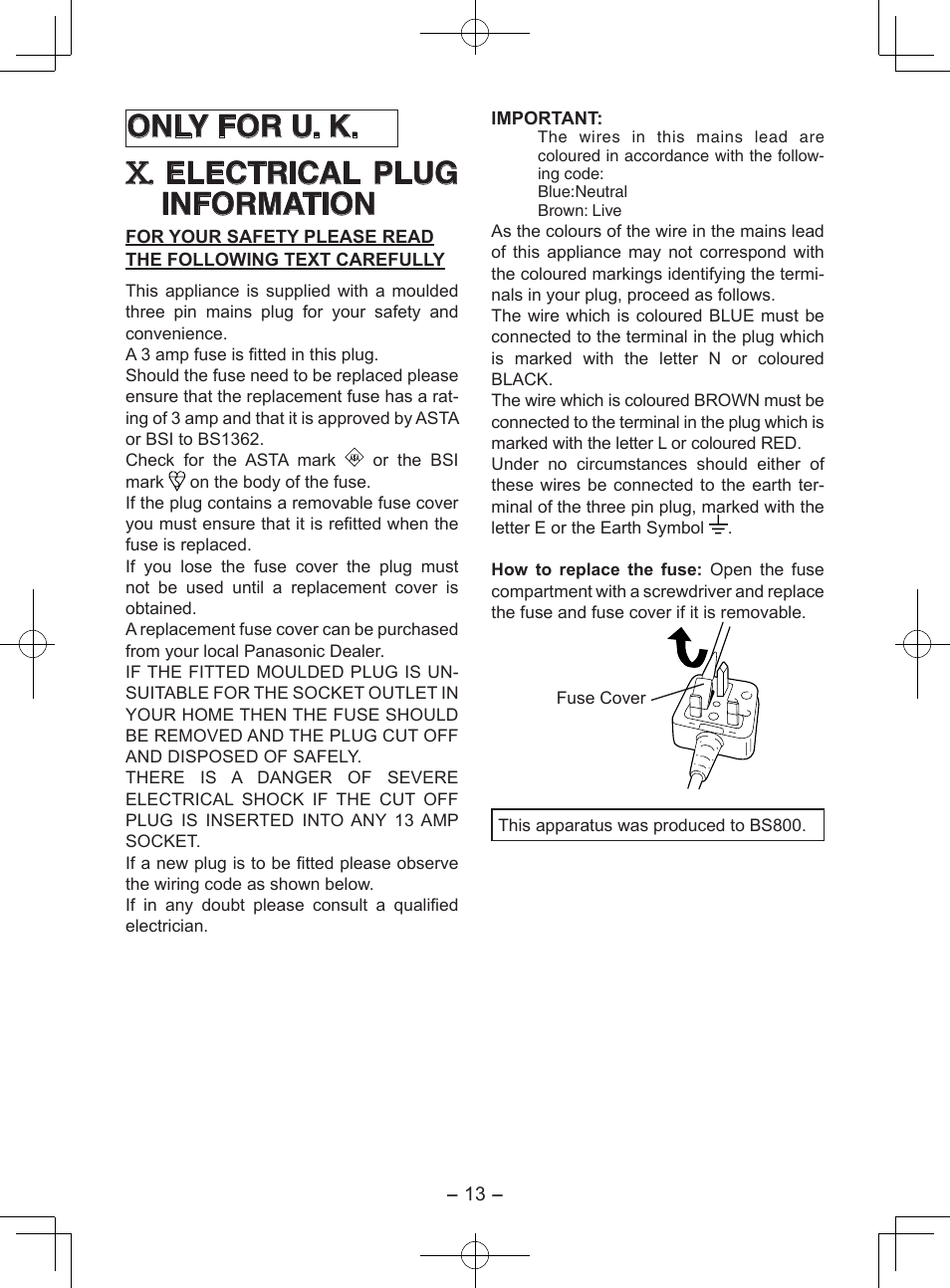 Only for u. k, Electrical plug information | Panasonic EY7202GQW User Manual | Page 13 / 124