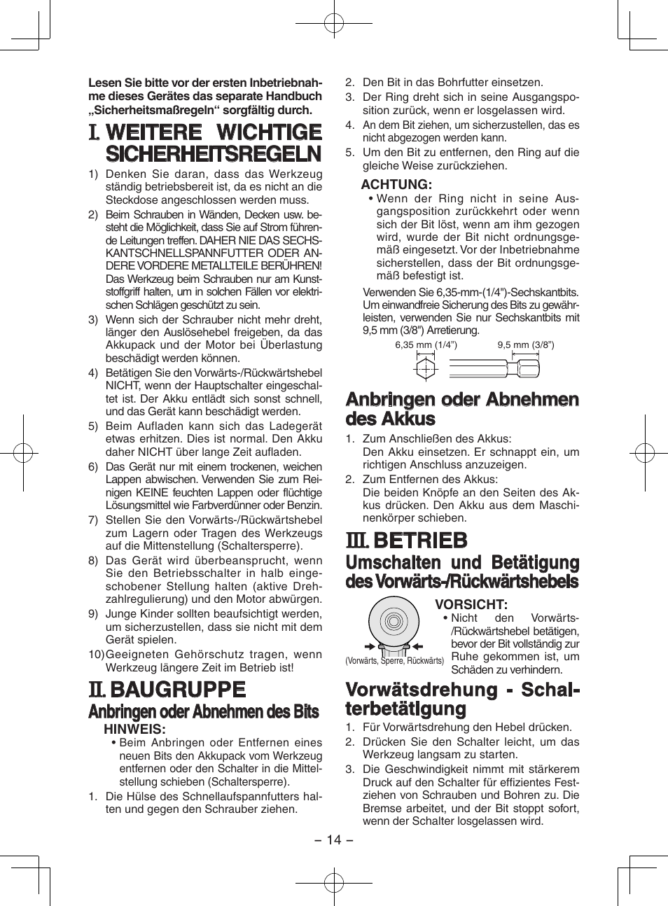 Weitere wichtige sicherheitsregeln, Baugruppe, Betrieb | Anbringen oder abnehmen des bits, Anbringen oder abnehmen des akkus, Vorwätsdrehung - schal- terbetätigung | Panasonic EY7202GQW User Manual | Page 14 / 124