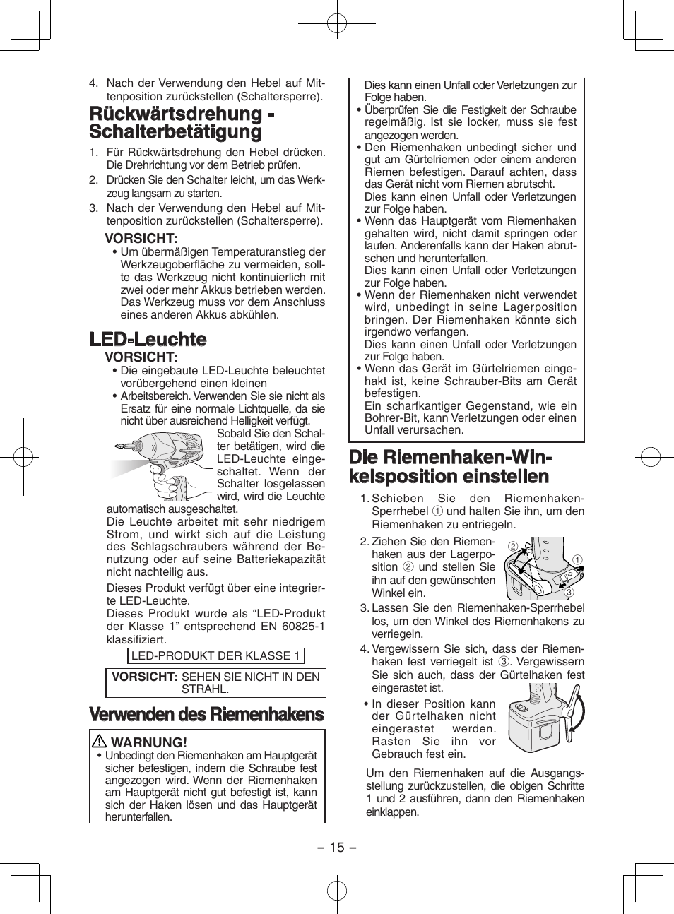 Rückwärtsdrehung - schalterbetätigung, Led-leuchte, Verwenden des riemenhakens | Die riemenhaken-win- kelsposition einstellen | Panasonic EY7202GQW User Manual | Page 15 / 124