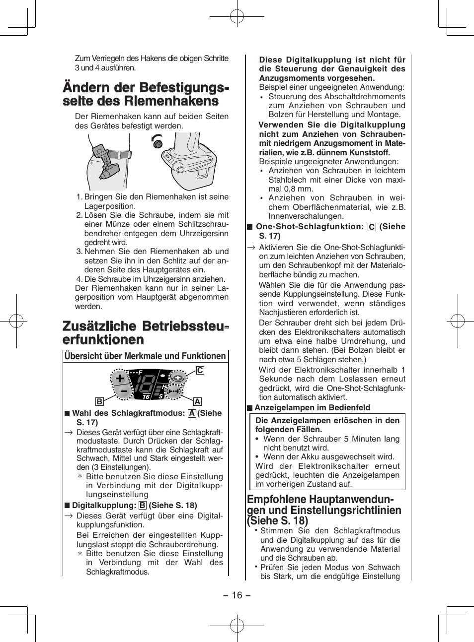 Ändern der befestigungs- seite des riemenhakens, Zusätzliche betriebssteu- erfunktionen | Panasonic EY7202GQW User Manual | Page 16 / 124