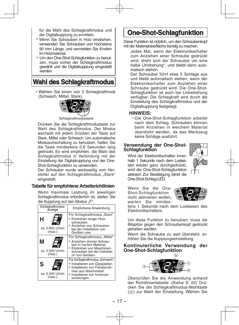 Wahl des schlagkraftmodus, One-shot-schlagfunktion | Panasonic EY7202GQW User Manual | Page 17 / 124