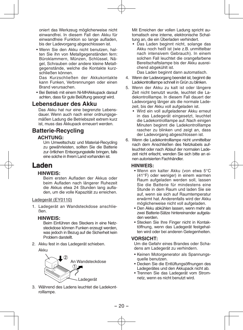 Laden, Lebensdauer des akku, Batterie-recycling | Panasonic EY7202GQW User Manual | Page 20 / 124