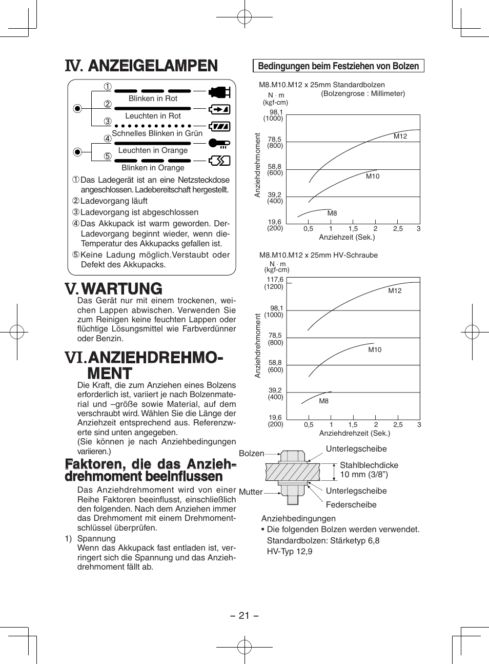 Anzeigelampen, Wartung, Anziehdrehmo- ment | Faktoren, die das anzieh- drehmoment beeinflussen | Panasonic EY7202GQW User Manual | Page 21 / 124