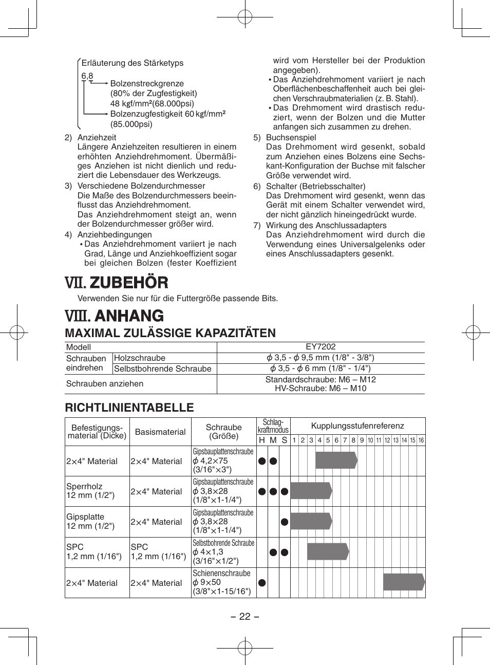 Viii, Zubehör, Anhang | Maximal zulässige kapazitäten, Richtlinientabelle | Panasonic EY7202GQW User Manual | Page 22 / 124