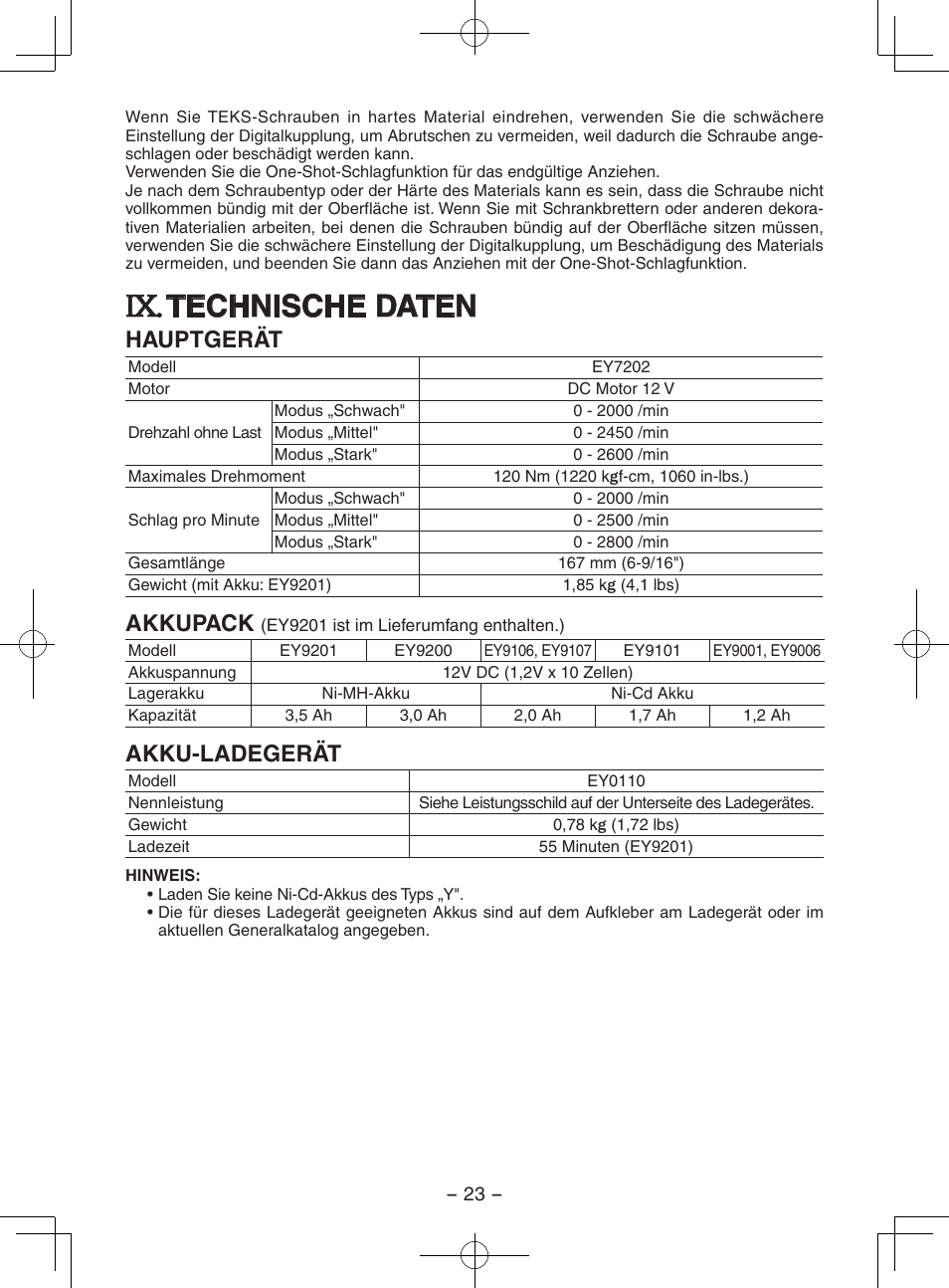 Technische daten, Hauptgerät, Akkupack | Akku-ladegerät | Panasonic EY7202GQW User Manual | Page 23 / 124