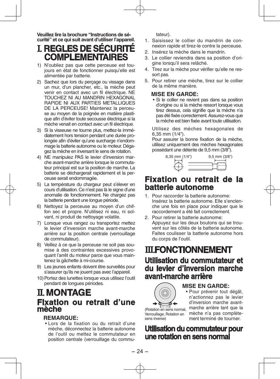 Regles de sécurité complementaires, Montage, Fonctionnement | Fixation ou retrait d’une mèche, Fixation ou retrait de la batterie autonome | Panasonic EY7202GQW User Manual | Page 24 / 124