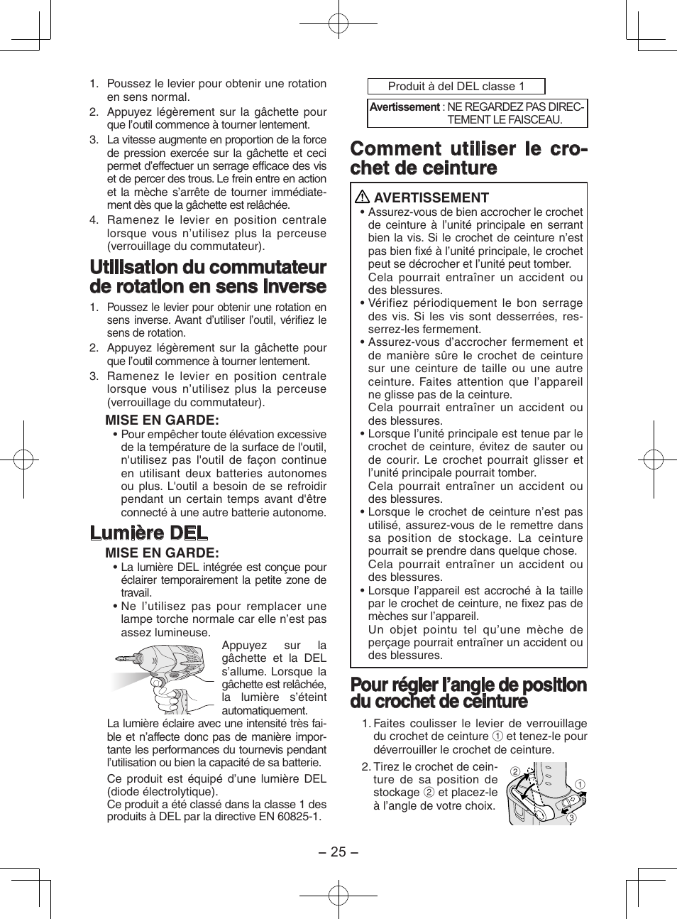 Lumière del, Comment utiliser le cro- chet de ceinture | Panasonic EY7202GQW User Manual | Page 25 / 124