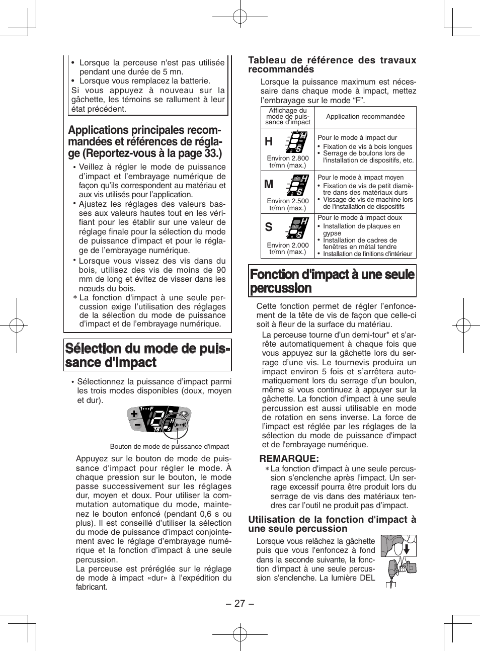 Sélection du mode de puis- sance d'impact, Fonction d'impact à une seule percussion | Panasonic EY7202GQW User Manual | Page 27 / 124