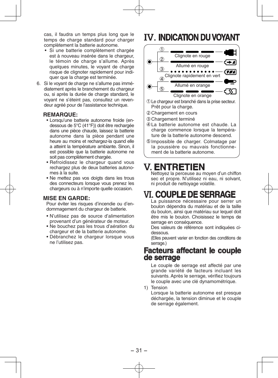 Indication du voyant, Entretien, Couple de serrage | Facteurs affectant le couple de serrage | Panasonic EY7202GQW User Manual | Page 31 / 124