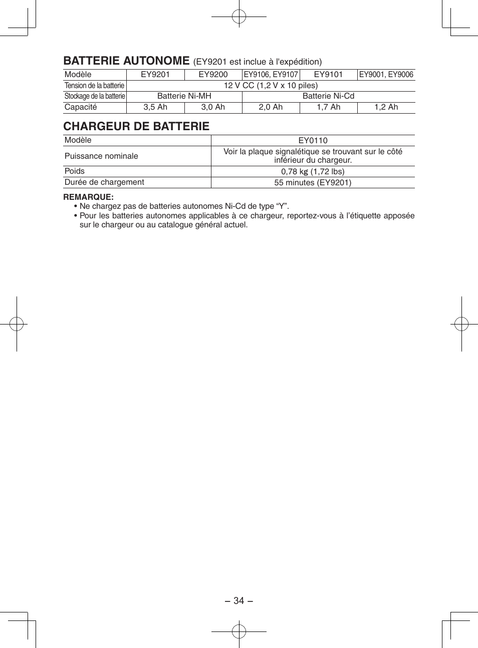 Batterie autonome, Chargeur de batterie | Panasonic EY7202GQW User Manual | Page 34 / 124