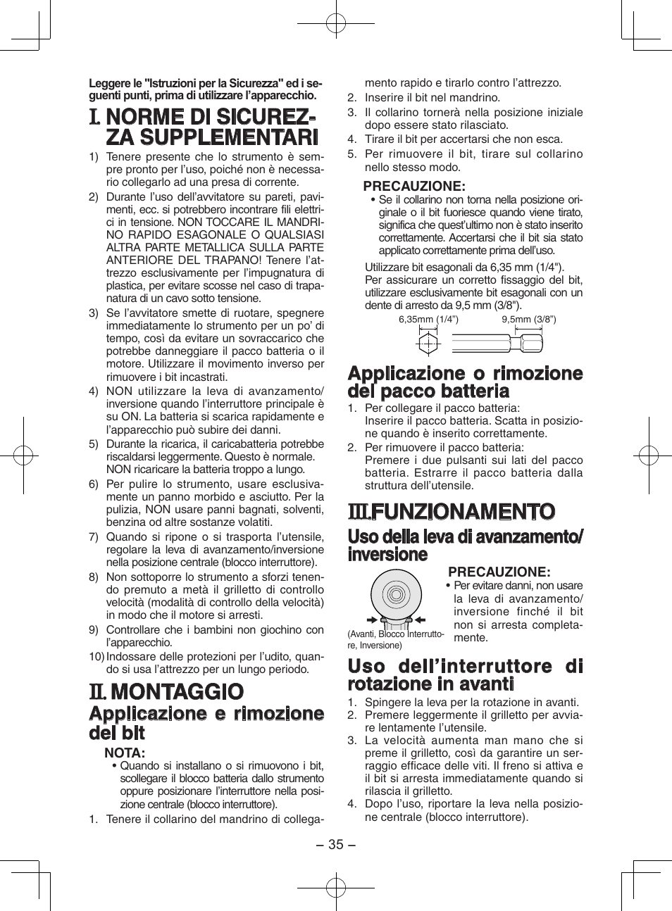 Norme di sicurez- za supplementari, Montaggio, Funzionamento | Applicazione e rimozione del bit, Applicazione o rimozione del pacco batteria, Uso della leva di avanzamento/ inversione, Uso dell’interruttore di rotazione in avanti | Panasonic EY7202GQW User Manual | Page 35 / 124