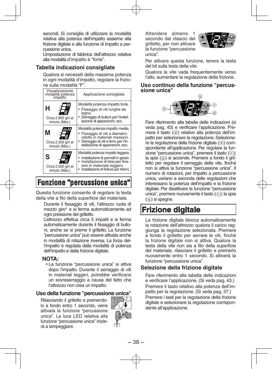 Funzione "percussione unica, Frizione digitale | Panasonic EY7202GQW User Manual | Page 38 / 124