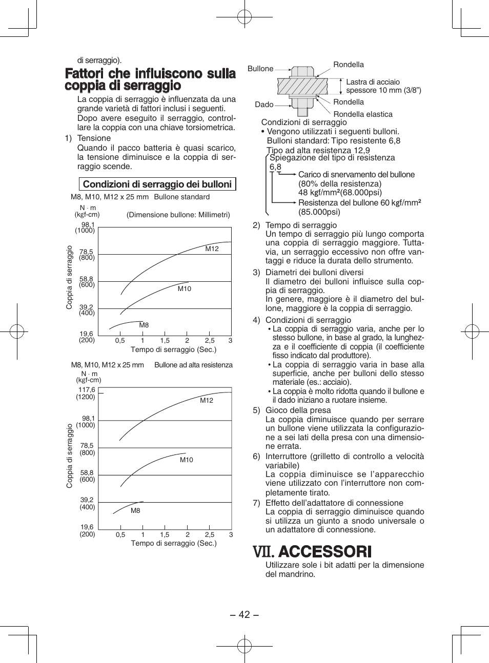 Accessori, Fattori che influiscono sulla coppia di serraggio, Condizioni di serraggio dei bulloni | Panasonic EY7202GQW User Manual | Page 42 / 124