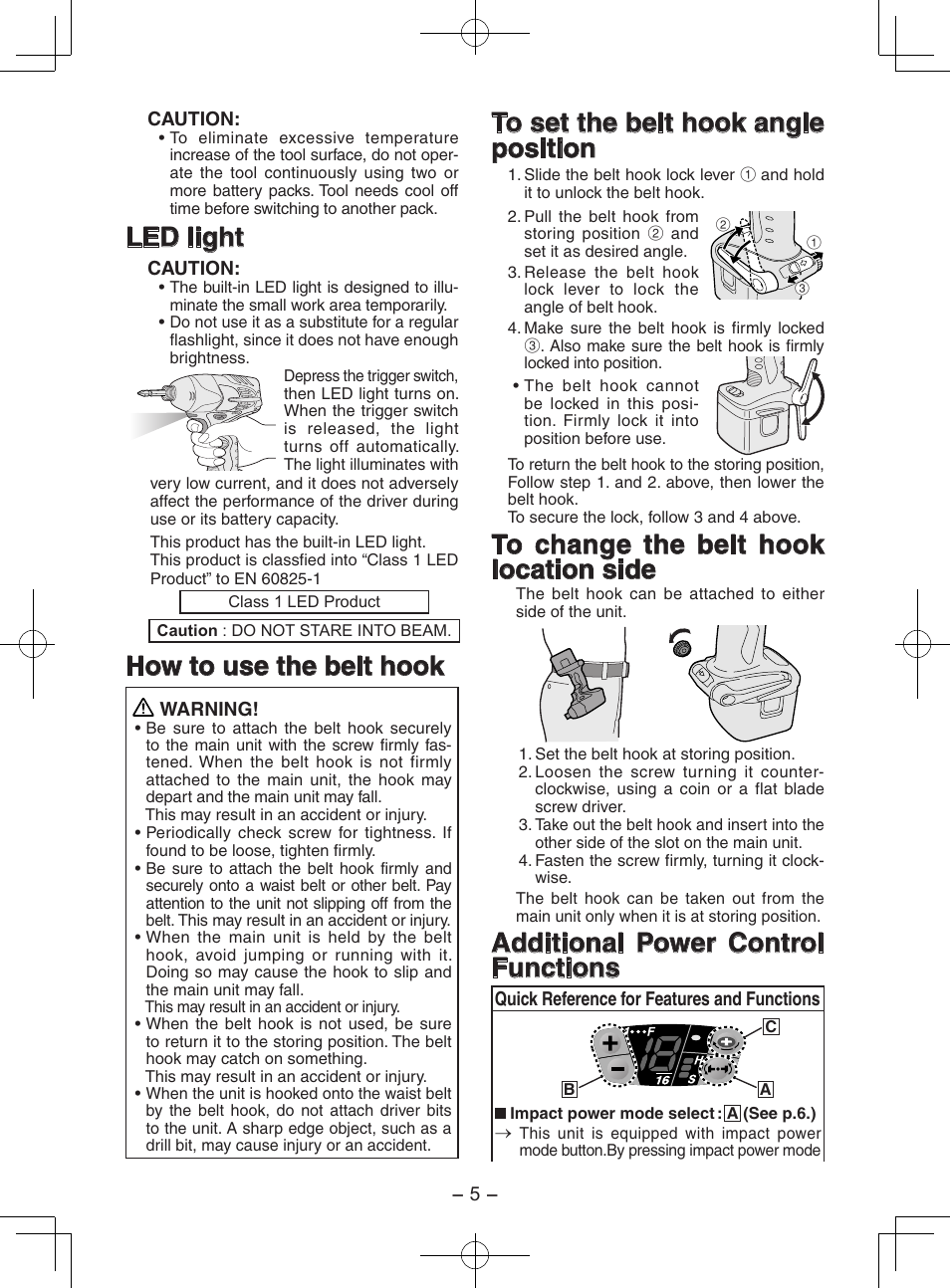 Led light, How to use the belt hook, Additional power control functions | Panasonic EY7202GQW User Manual | Page 5 / 124