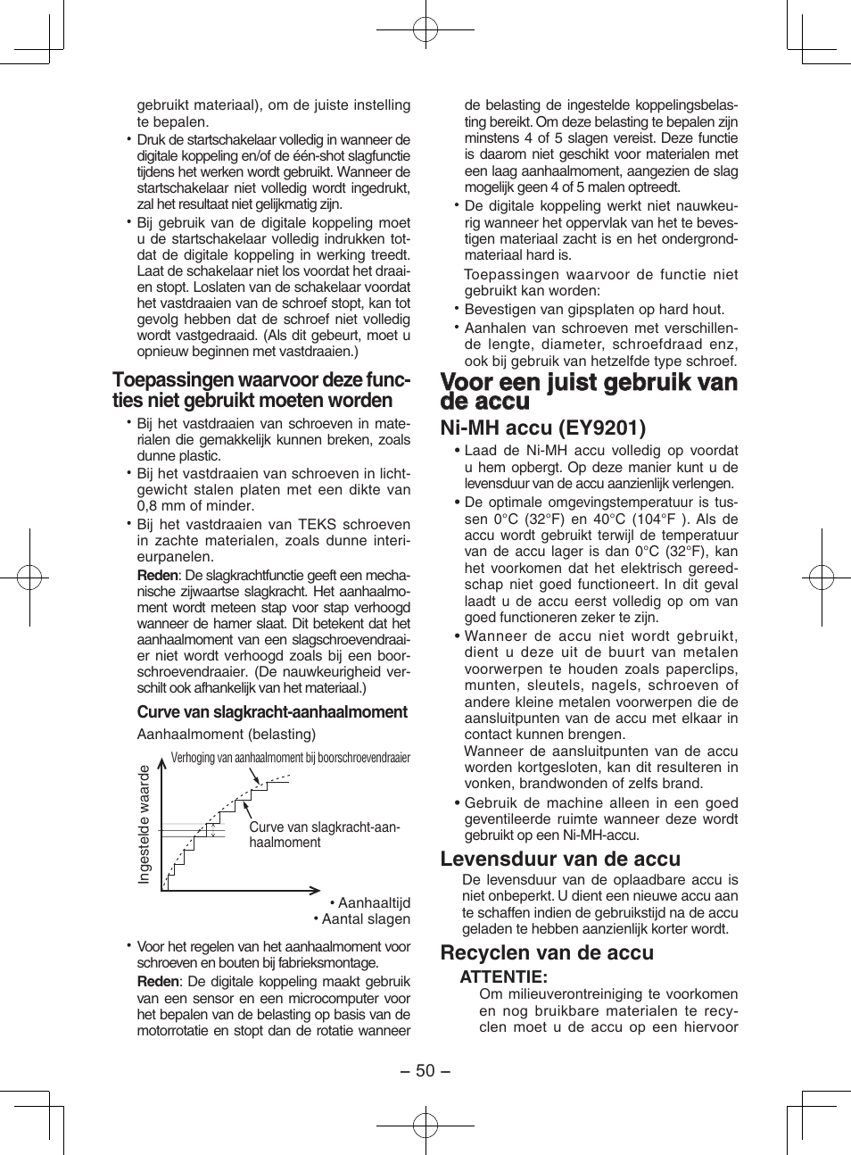 Voor een juist gebruik van de accu, Ni-mh accu (ey9201), Levensduur van de accu | Recyclen van de accu | Panasonic EY7202GQW User Manual | Page 50 / 124