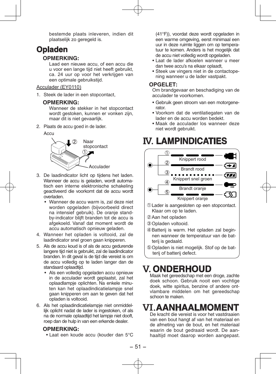 Lampindicaties, Onderhoud, Aanhaalmoment | Opladen | Panasonic EY7202GQW User Manual | Page 51 / 124