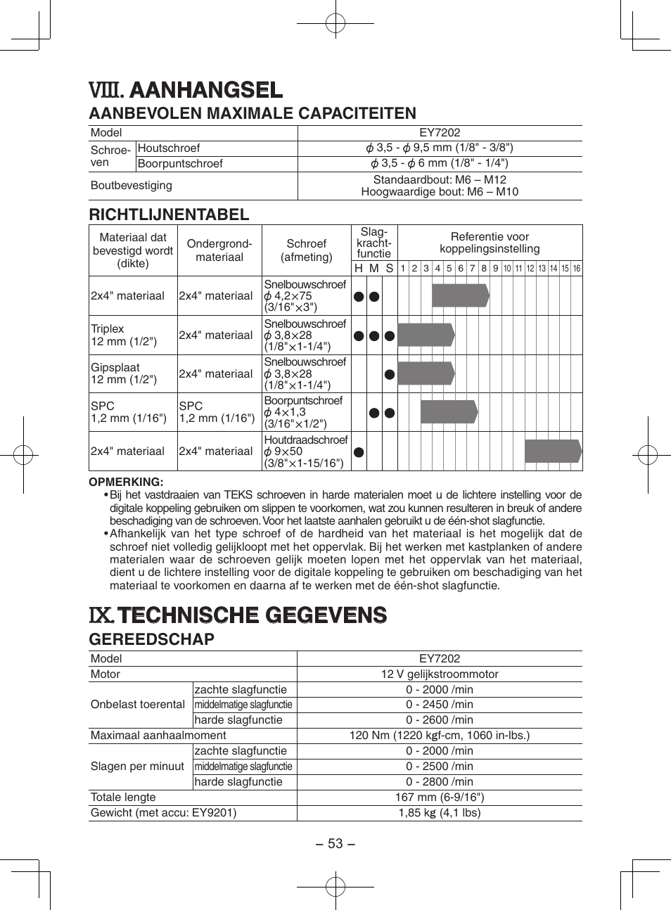 Viii, Aanhangsel, Technische gegevens | Aanbevolen maximale capaciteiten, Richtlijnentabel, Gereedschap | Panasonic EY7202GQW User Manual | Page 53 / 124