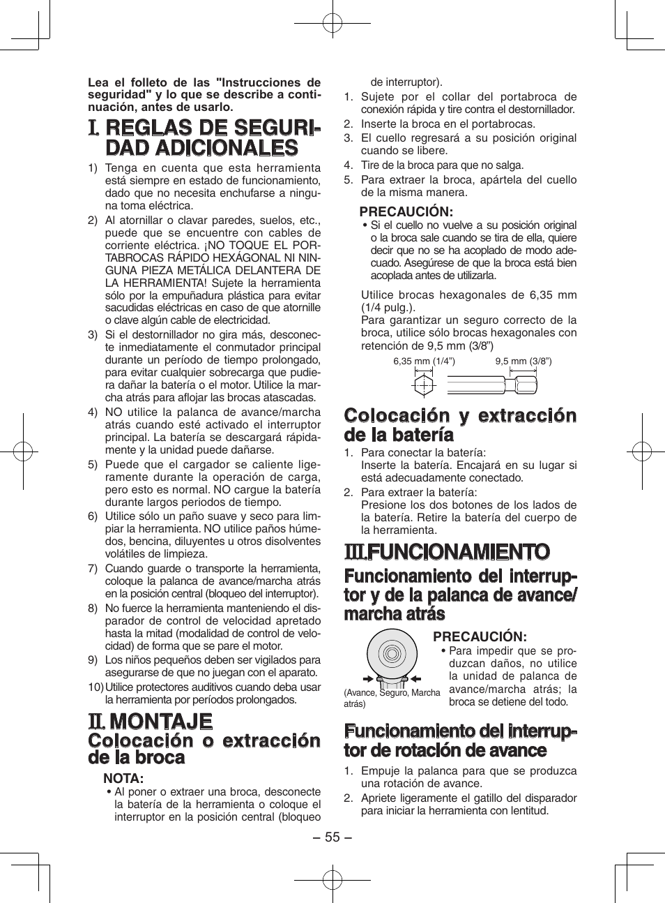 Reglas de seguri- dad adicionales, Montaje, Funcionamiento | Colocación o extracción de la broca, Colocación y extracción de la batería | Panasonic EY7202GQW User Manual | Page 55 / 124