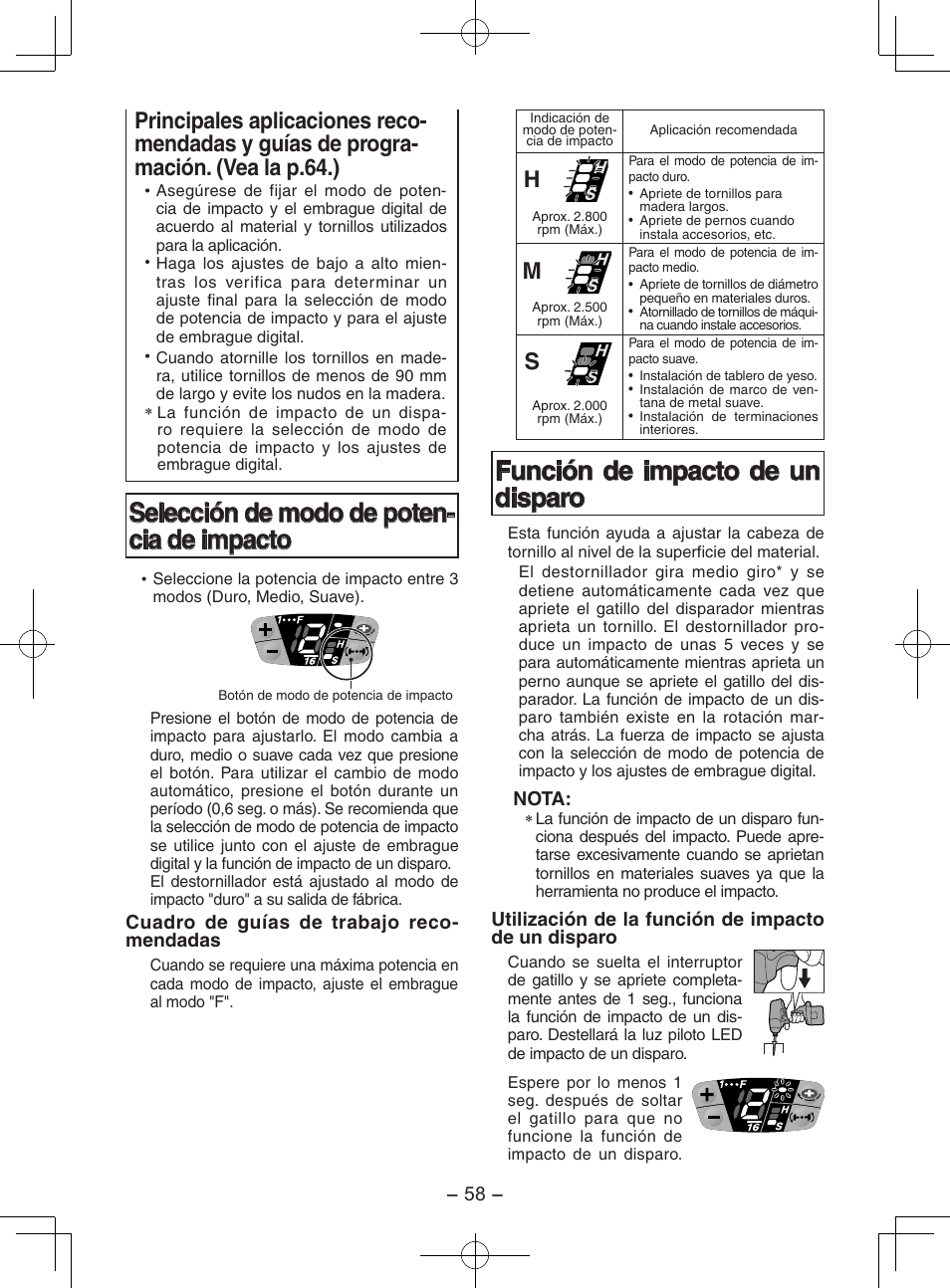 Selección de modo de poten- cia de impacto, Función de impacto de un disparo | Panasonic EY7202GQW User Manual | Page 58 / 124