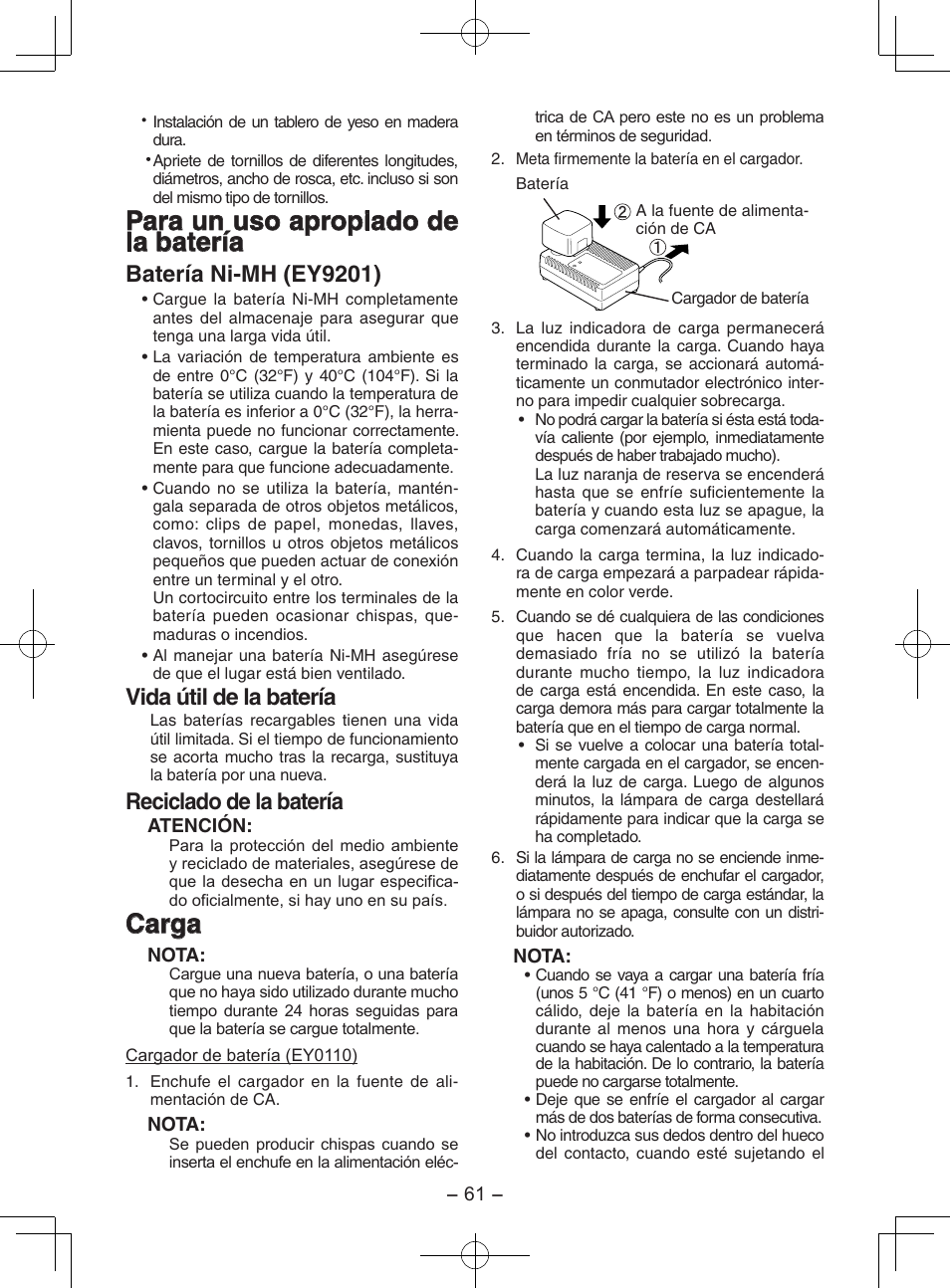 Para un uso apropiado de la batería, Carga, Batería ni-mh (ey9201) | Vida útil de la batería, Reciclado de la batería | Panasonic EY7202GQW User Manual | Page 61 / 124