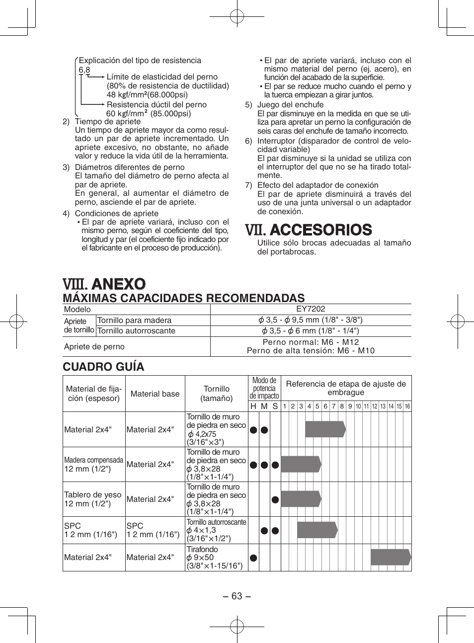 Viii, Accesorios, Anexo | Máximas capacidades recomendadas, Cuadro guía | Panasonic EY7202GQW User Manual | Page 63 / 124